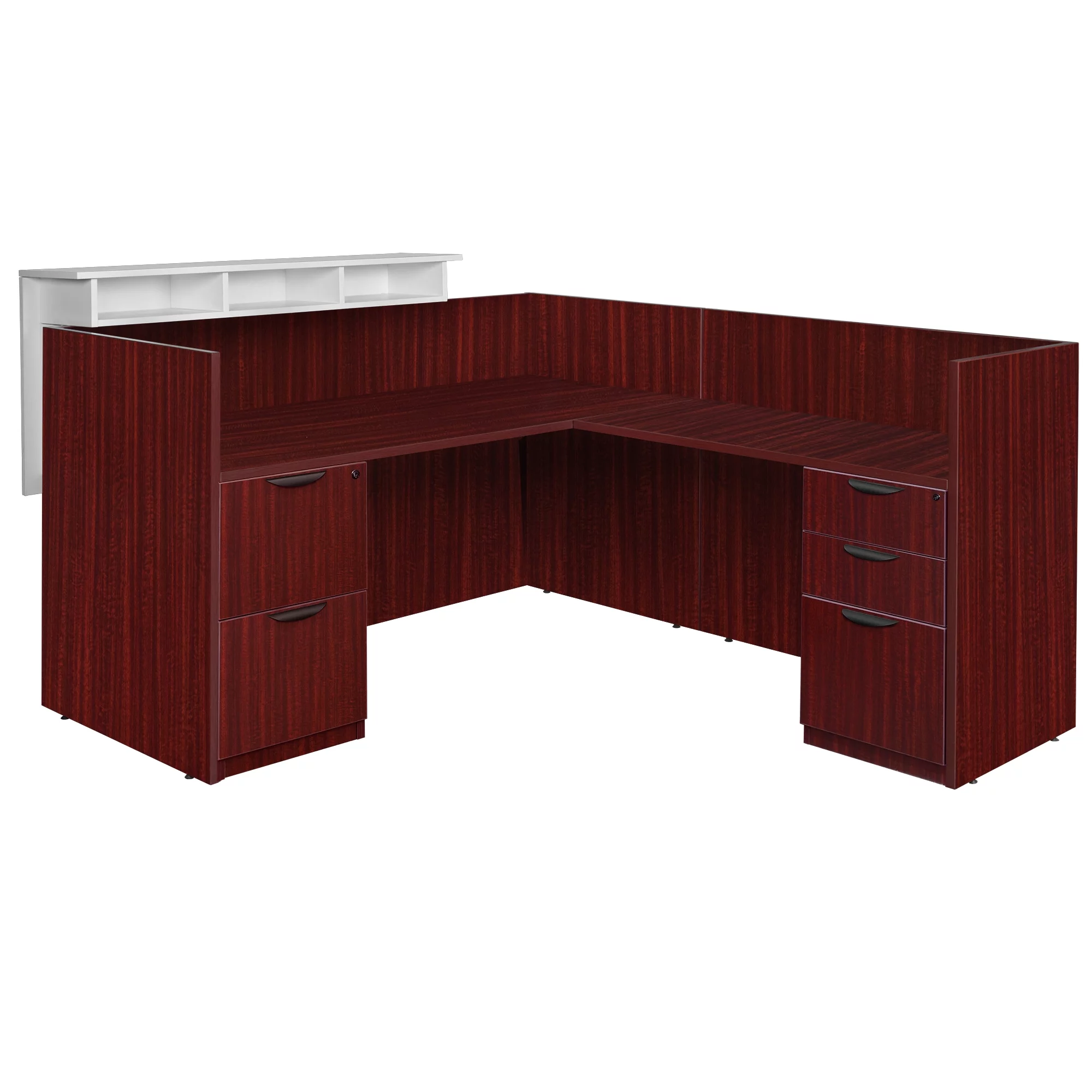 Romig Legacy Double Full Pedestal Reception Desk with White Transaction Top- Mahogany