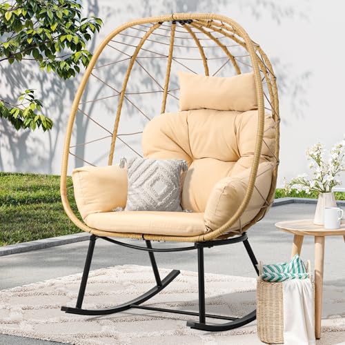YITAHOME Outdoor Rocking Egg Chair with Cushioned Comfort, Wicker Patio Rocker 250lb Capacity, Anti-Slip, All-Weather Resilient Rattan Design for Indoor & Outdoor Relaxation Spaces, Beige