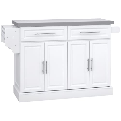 HOMCOM Rolling Kitchen Island Cart with Wheels, Portable Island Table for Kitchen with Stainless Steel Top, Adjustable Shelves, 2 Drawers, Spice, Knife and Towel Rack, Black