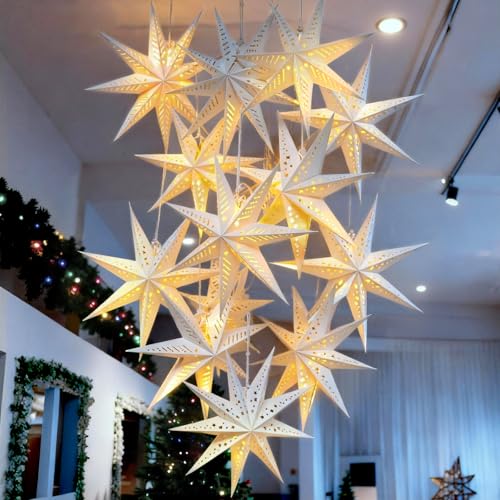6Pcs Sage Green Paper Star Lanterns with Lights, 3D 7/9 Pointed Christmas Paper Lanterns Decorative Christmas Hanging Lamp Shades Foldable for Home Xmas Winter Wedding Party Decor Indoor, 13.78