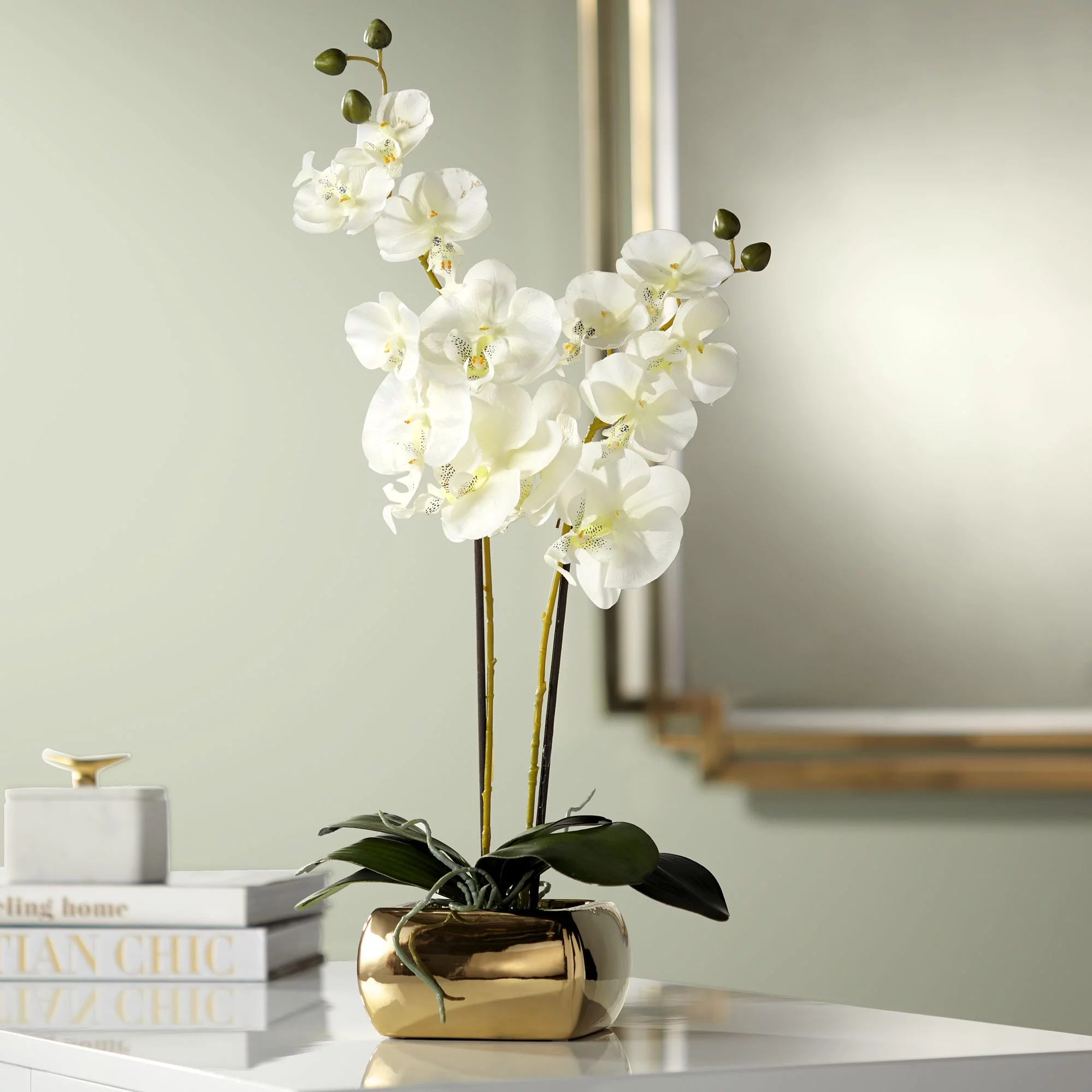 Dahlia Studios Potted Faux Artificial Flowers Realistic White Orchid Greenery in Gold Ceramic Pot for Home Decoration 22
