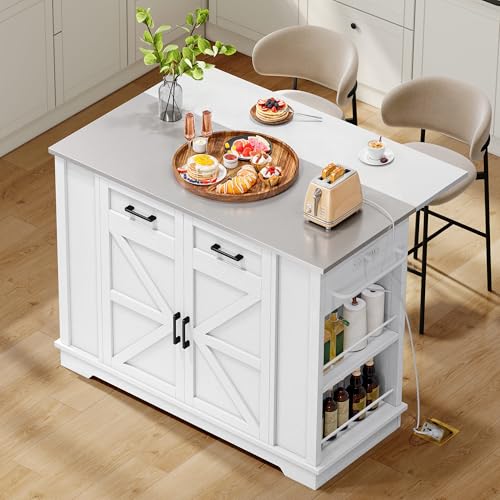 YITAHOME Kitchen Island with Stainless Steel Top & Drop Leaf, 47 Inch Kitchen Island on Wheels with Power Outlet, Rolling Portable Mobile Kitchen Cart w Storage Drawer Cabinet Counter Metal Top, White
