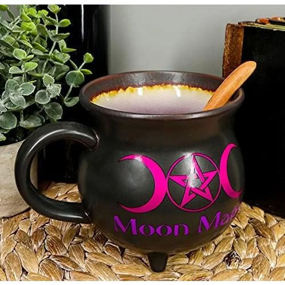 Wicca Sacred Witch Magick Triple Moon Magic Reduction Fired Porcelain Cauldron Shaped Bowl Or Large Mug 32Oz With Hle  Wooden Spoon With Moon Magic Carving Occult Witchcraft Pentagram