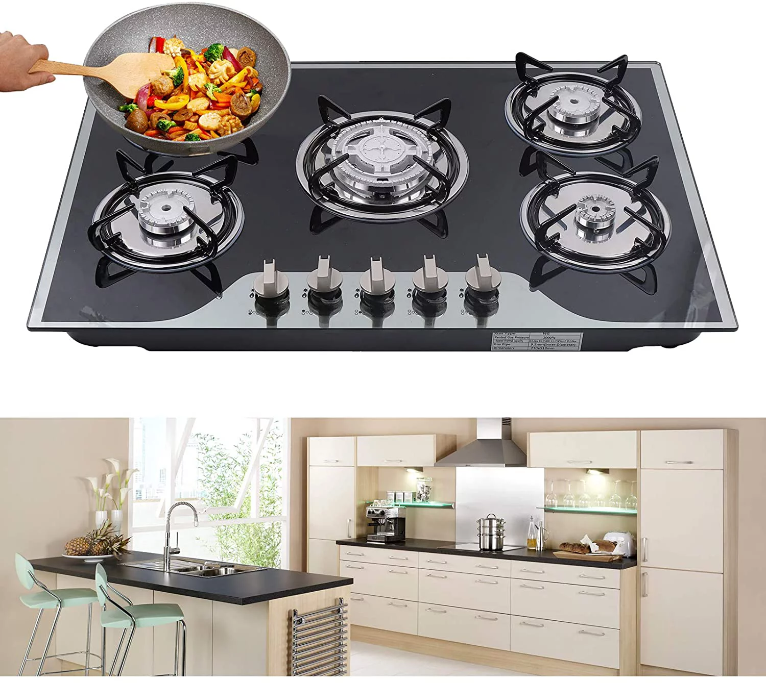 5 Burners Built-in Gas Hobs Kitchen Cooker Stove Cooktop LPG/NG Tempered Glass 30