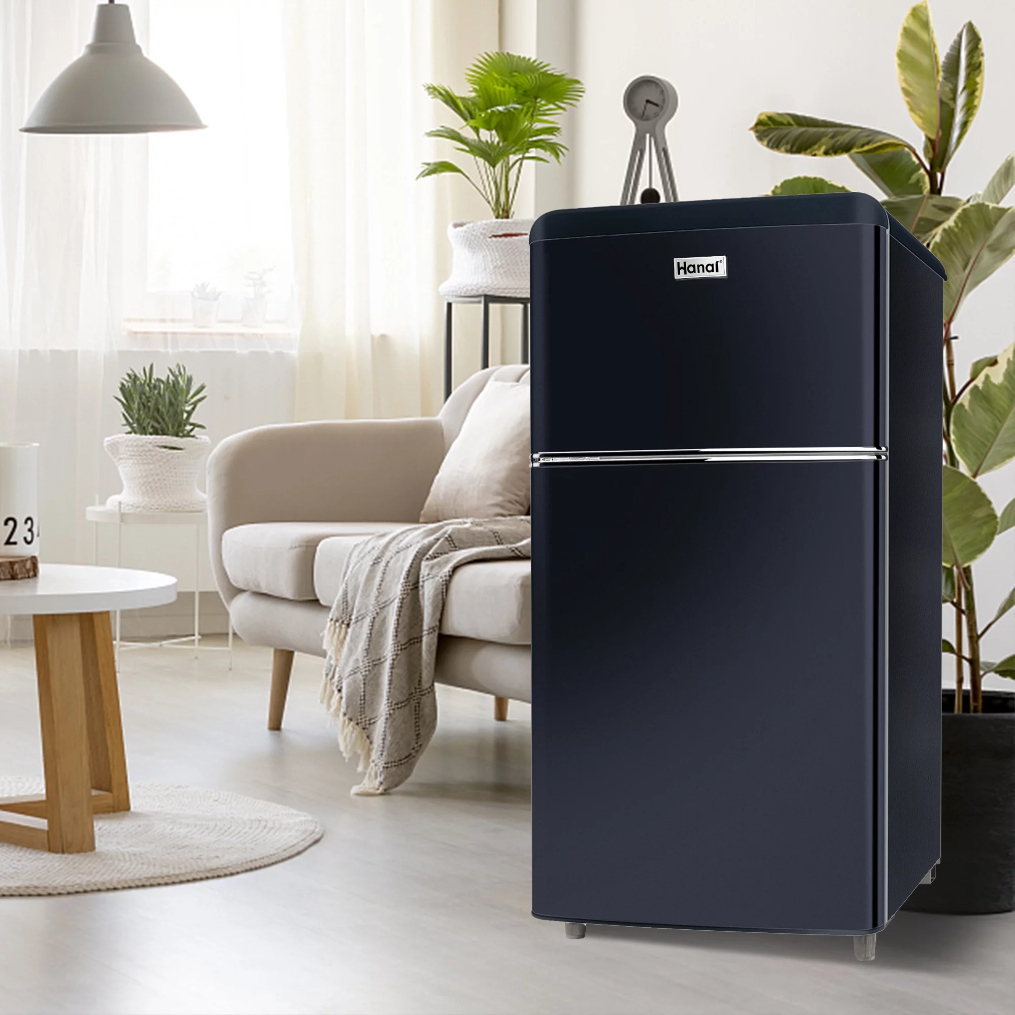 WANAI 3.5 Cu Feet Two Door Mini Fridge with Freezer,Black