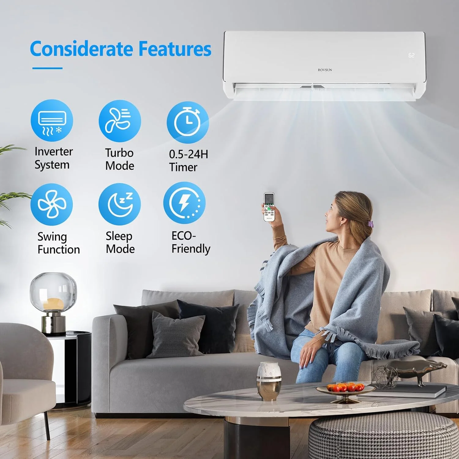 ROVSUN 16500BTU Wifi Enabled Mini Split Air Conditioner & Heater, 17 SEER2 230V Inverter Ductless Wall AC Unit with Pre-Charged Condenser, Heat Pump & Installation Kit
