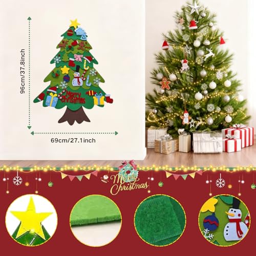 Felt Christmas Tree for Toddlers, 3ft DIY Felt Christmas Tree Set with 32 Ornaments & LED String Light, Decorations Christmas Wall Hanging, Felt Craft Kit, Kids Gifts Party Supplies