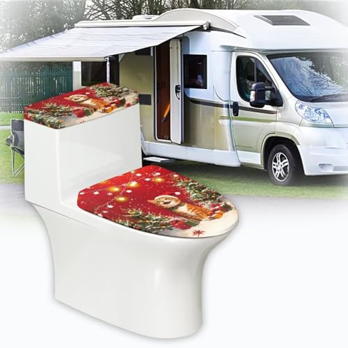 Christmas Bow Bell Toilet Tank Lid Cover and Toilet Seat Lid Cover 2 Pcs Set Toilets Covers with Elastic Cloth Fits Most Toilets Tanks & Lids