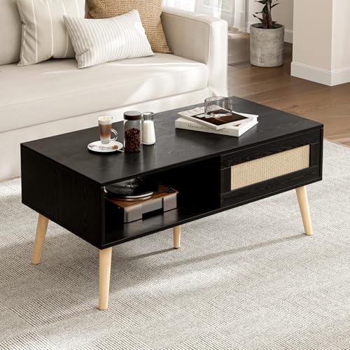Coffee Table with Storage, Boho Dining Table with Rattan Drawer and Solid Wood Legs, Small Coffee Tables for Living Room, Oak