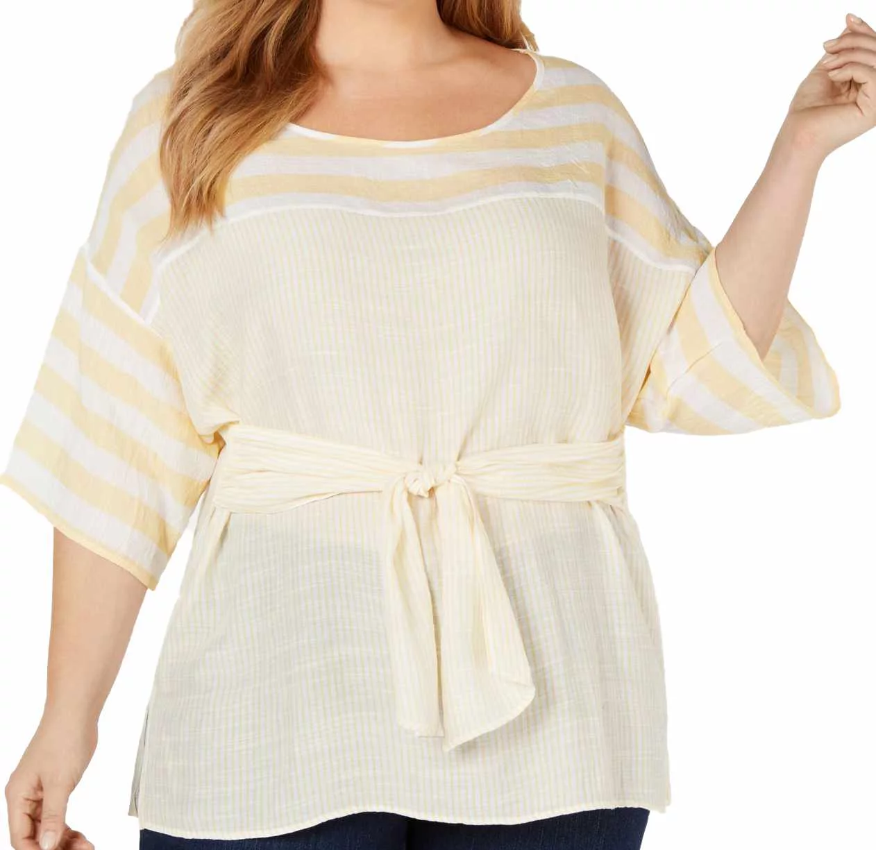 NY Collection Womens Plus Size Striped Tie Waist Top,White,2X