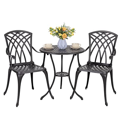 NUU GARDEN Bistro Set 3 Piece Outdoor Cast Aluminum Patio Bistro Set Patio Table and Chairs Set of 2 with Umbrella Hole and Gray Cushions, Black