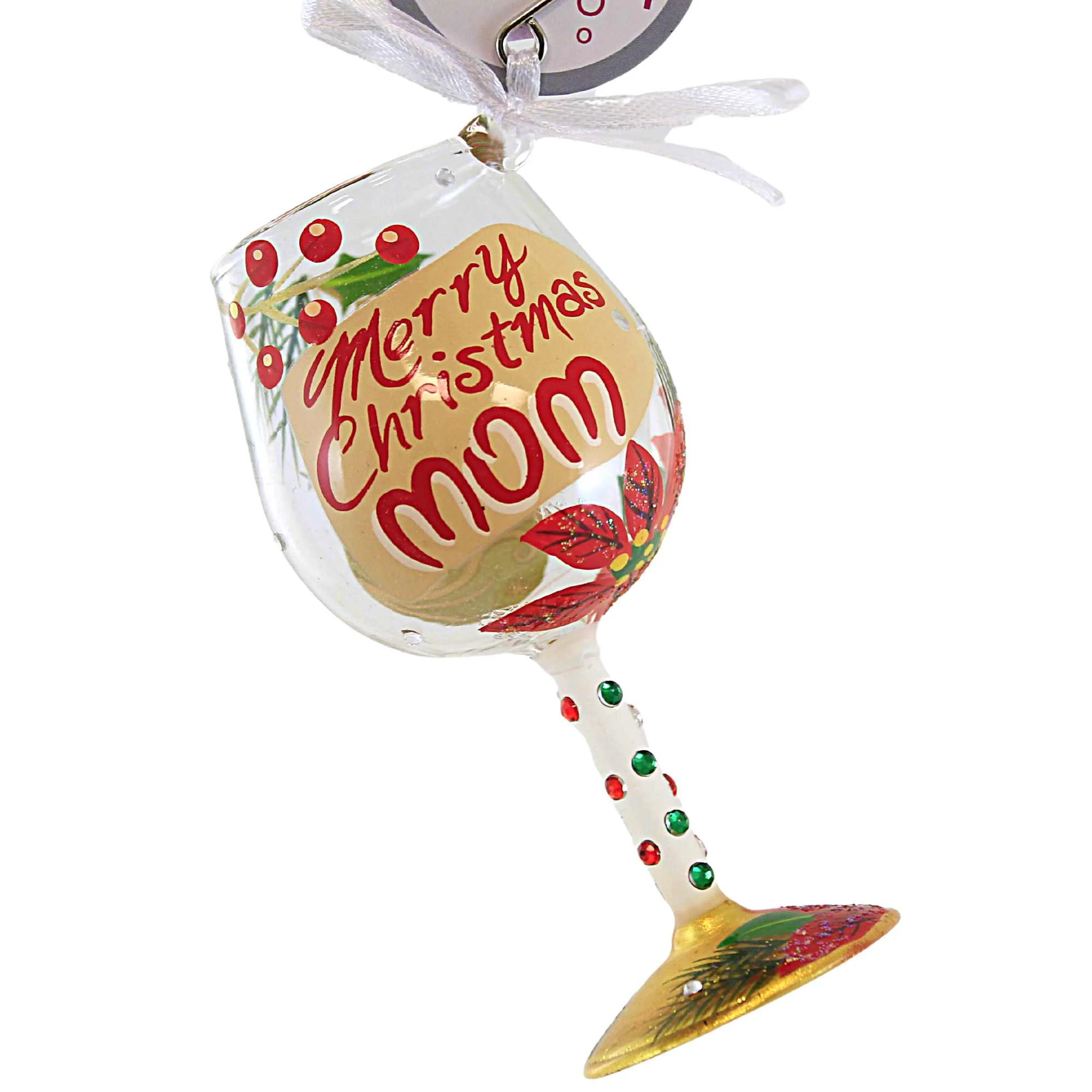 Lolita Glassware Merry Christmas Mom - One Ornament 6.0 Inch, Glass - Hand Painted Holly Berries 6013201