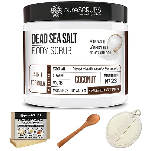 pureSCRUBS Premium Eucalyptus Body Scrub Set - Large 16oz Dead Sea Salt Body Scrub With Infused Essential Oils & Nutrients, Includes Wooden Spoon, Loofah & Oatmeal Exfoliating Bar Soap
