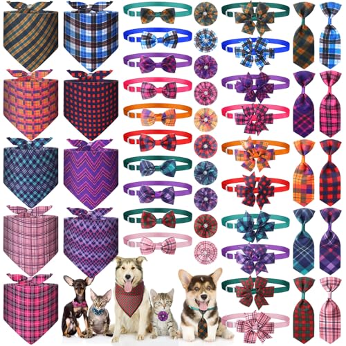 Hosuly 50 Pcs Plaid Dog Bandana Collar Set Include 10 Bow Tie 10 Necktie Collar 10 Pet Scarf 10 Bow Flowers 10 Hexagonal Bowtie Cat Dog Grooming Accessories for Festival Photography