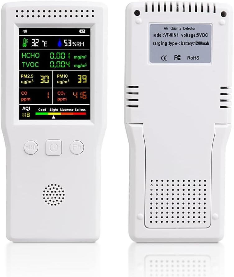 9-in-1 Air Quality Monitor Indoor,Portable PM2.5,PM10,AQI,CO2,CO,TVOC,HCHO,Humidity & Temperature Detector,Real Time Monitoring,Large Display with Voice Alert,Home Air Test Kits (White)