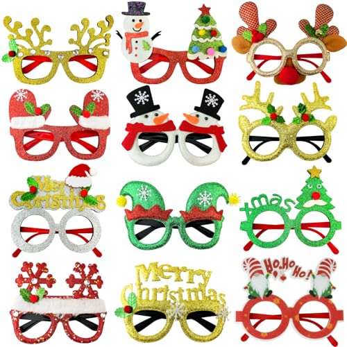 12 Pcs Christmas Glasses Party Favors Supplies for Kids & Adults,Funny Xmas Eyeglasses Goodie Bag Stocking Stuffers,Holiday Classroom Costume Accessories,Photo Booth Props Decorations for Students