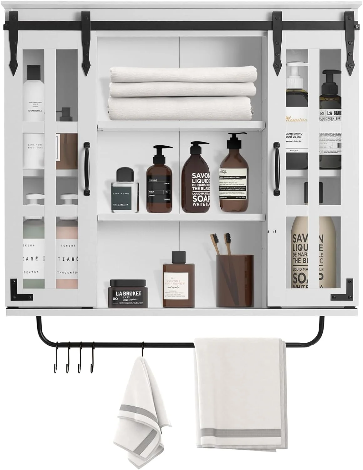 WAGEE Farmhouse Bathroom Cabinet Wall Mounted, Rustic Wood Wall Cabinet with Two Sliding Glass Doors and Adjustable Shelf, 3-Tier Vintage Wooden Storage Cabinet for Bathroom(White)