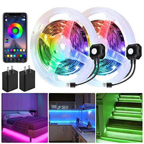 Motion Activated Under Bed Light Strips, 2x9.8ft RGB Motion Sensor LED Light Strip with App Control, USB 5V Dimmable LED Night Light with 4 Timing Off Modes for Bed Wardrobe Cabinet Staircase Decor