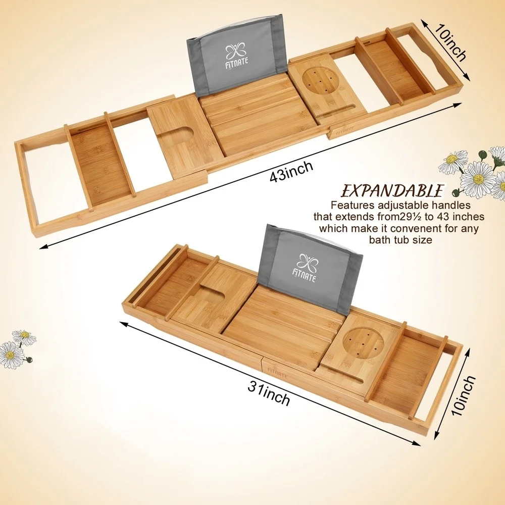Wooden Bathtub Tray Caddy with Wine Glass Slot, Phone Tray, Book Holder, & Candle Slot, Non-Slip & Durable, Luxury Bamboo Bathtub Tray with Extra Wooden Body Brush