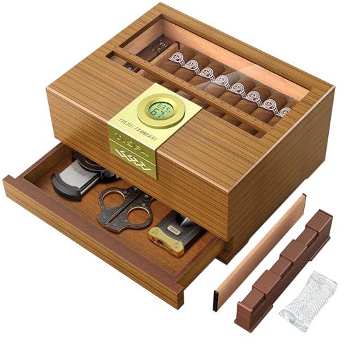 TISFA Cigar Humidor, Cedar Wood Desktop Humidor Box with Digital Hygrometer, Adjustable Humidifier, Accessory Drawer, Divider, Cigar Length Measurement, Glass Top Storage Holder Cigar Case (Black)