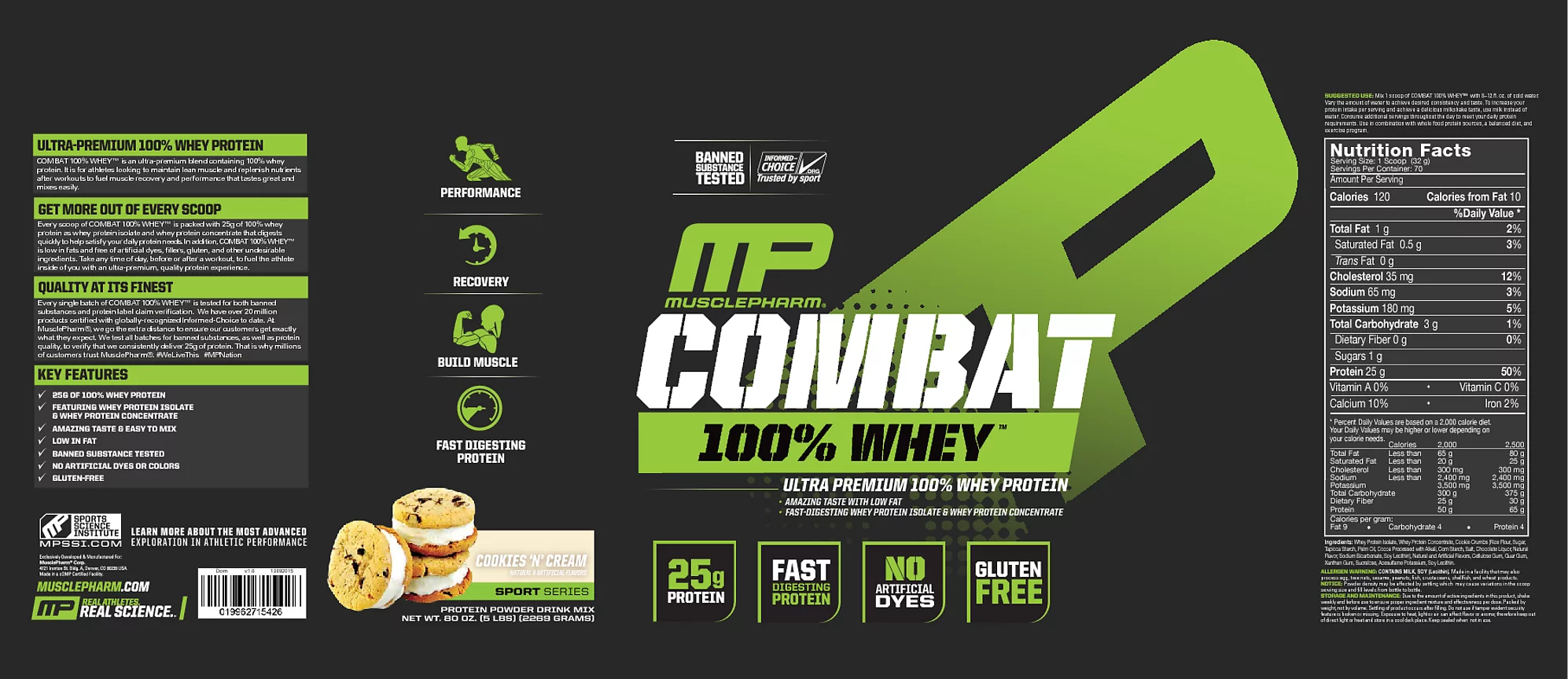MusclePharm Combat 100% Whey Protein Powder, Cookies & Cream, 25g Protein, 5lb, 80oz