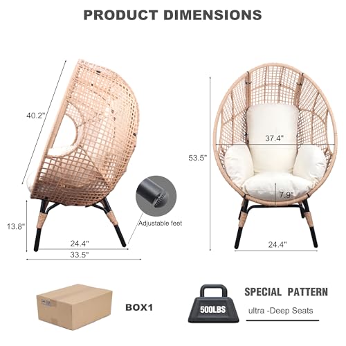 Oversized Wicker Egg Chair Outdoor Indoor Rattan Patio Egg Lounge Chairs with Cushion 500lbs Capacity for Living Room, Balcony, Backyard(Beige)