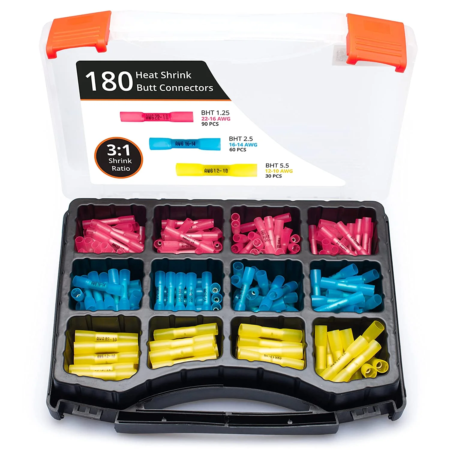Wirefy 180 PCS Heat Shrink Butt Connectors Kit - Marine Grade Wire Butt Splice Connectors - Electrical, Waterproof - AWG Butt Connector Kit - AWG