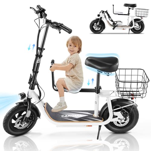 Caroma Peak 500W/800W/1200W Electric Scooter with Seat, 30 Miles Max Range Electric Scooter Adults&Teens, 48V Large Battery, 20MPH Top Speed Foldable Ebike, Adjustable E-Bike with Basket&Kid Seat