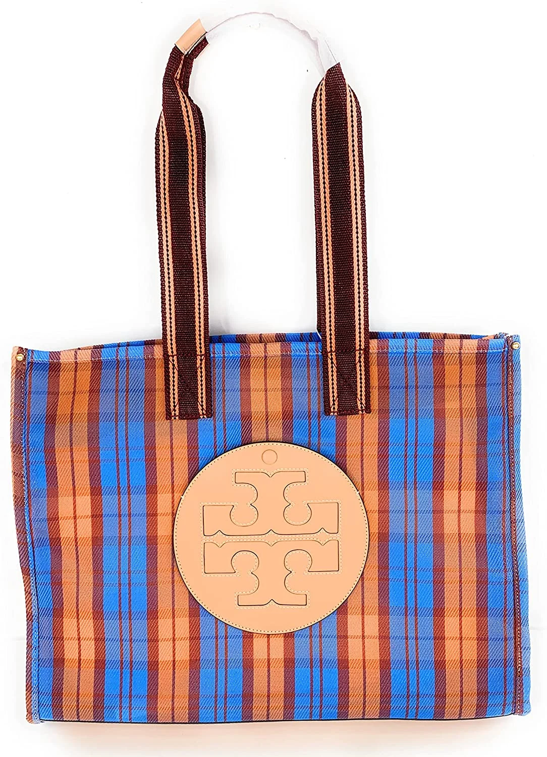 Tory Burch Large Ella Mesh Tote Handbag Blue Orange Mercado Plaid