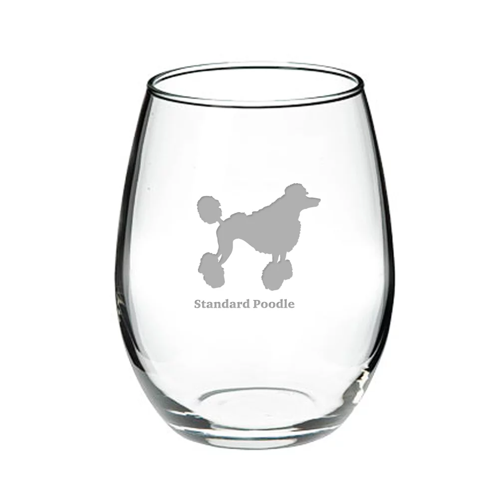 Standard Poodle Deep Etched Stemless Red Wine Glass