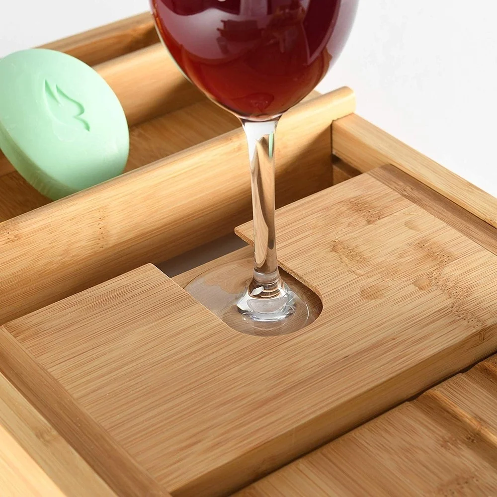 Wooden Bathtub Tray Caddy with Wine Glass Slot, Phone Tray, Book Holder, & Candle Slot, Non-Slip & Durable, Luxury Bamboo Bathtub Tray with Extra Wooden Body Brush