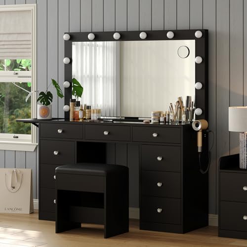 Vanity Desk with Power Outlet, 9 Drawers Makeup Vanity with Mirror and 12 LED Lights, 3 Lighting Modes, Glass Top Vanity Set, Fold-up Panel, Dressing Table for Bedroom