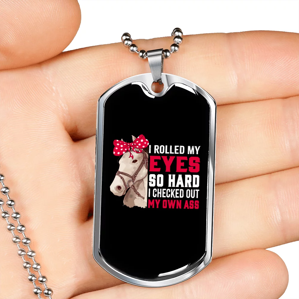 Rolled Eyes Horse Necklace Stainless Steel or 18k Gold Dog Tag 24