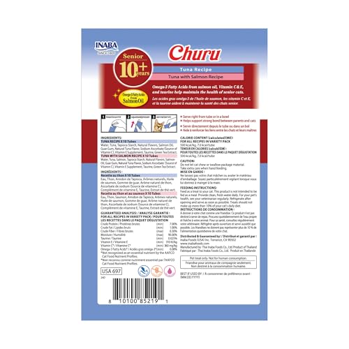 INABA Churu for Senior 10+, Creamy Lickable Cat Treats with Taurine, Vitamin E & C, 0.5 Ounces Each, 40 Tubes, Tuna & Chicken Variety