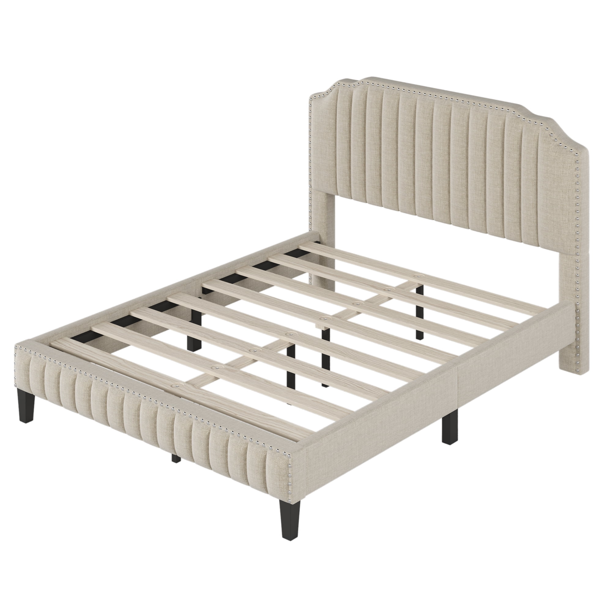 Inofia Modern Linen Curved Upholstered Platform Bed , Solid Wood Frame , Nailhead Trim, Beige (Queen)