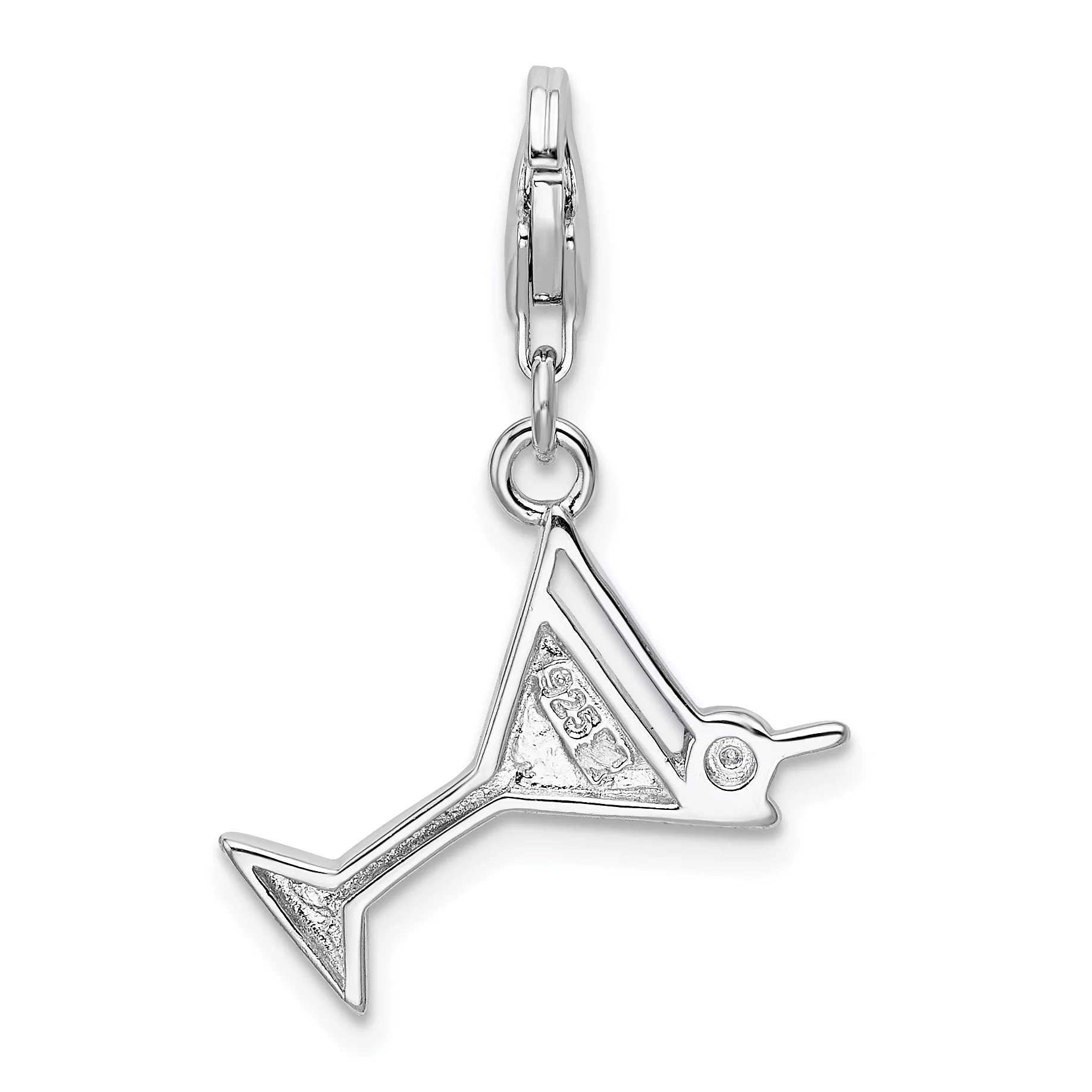 Carat in Karats Sterling Silver Polished Finish Rhodium-Plated Enameled Red Crystal Martini Glass Charm With Fancy Lobster Clasp Pendant (36mm x 18mm) With Sterling Silver Cable Chain Necklace 18''