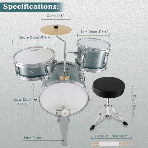 EASTROCK Kids Drum Set, 3 Piece 14'' Junior Drum sets for Drummer,Beginner, Drum Set for 5-7 Years Old with Adjustable Throne,Cymbal,Pedal,Drumsticks(Wood)