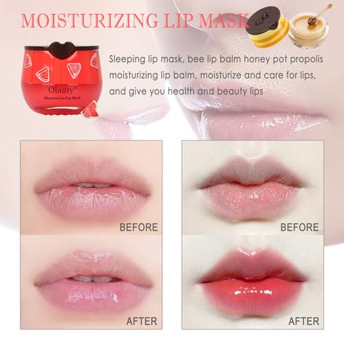 4 PCS Bee Lip Balm Lip Mask Honey Pot, Honey & Strawberry & Watermelon & Apple Lime Lip Sleeping Mask Propolis Moisturizing Lip Balm with Stick, Hydrating Prevention Dry & Cracked