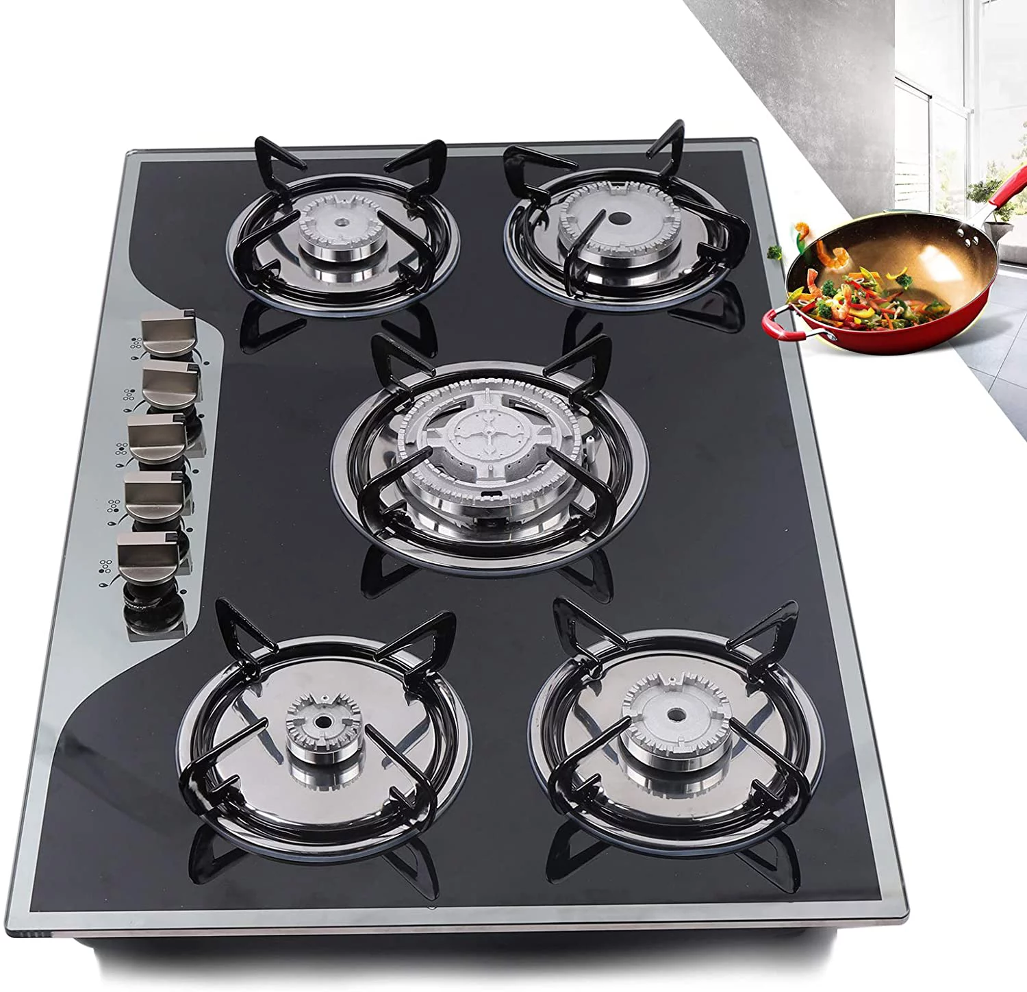 5 Burners Built-in Gas Hobs Kitchen Cooker Stove Cooktop LPG/NG Tempered Glass 30