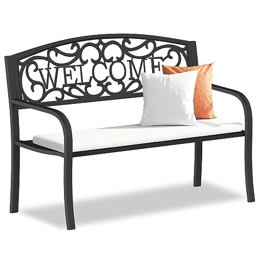 Outdoor Bench Garden Bench, Weatherproof Anti-Rust Heavy-Duty Outside Benches Clearance, Wrought Iron Metal Bench for Front Porch, Patio, Park