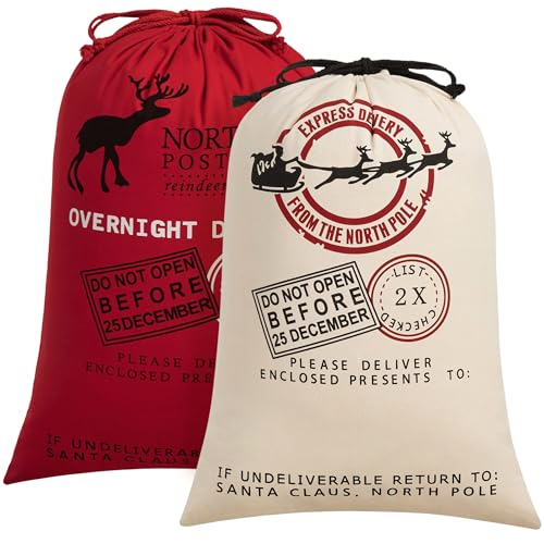 HBlife Canvas Santa Sack, 19.7 X 27.6 Inch Large Santa Bags for Gifts, Personalized Christmas Sacks for Presents with Drawstring, 2 Pack A