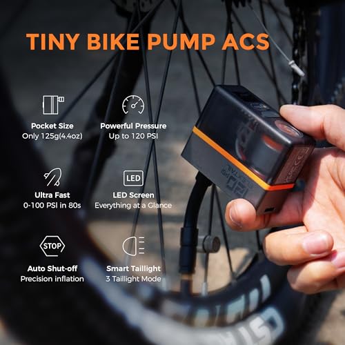FLEXTAILGEAR Mini Bike Tire Pump with Gauge & Professional Taillight, 120 PSI Portable Electric Bicycle Pump with Presta and Schrader Valve for Road and Mountain Bikes, Motorcycle, Balls