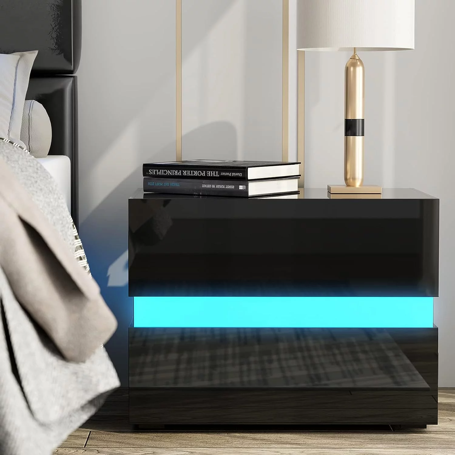 IKIFLY Modern LED Nightstand Set of 2, Bedside Table with with 2 High Glossy Drawers & LED Lights, End Table Side Table for Bedroom Living Room - Black