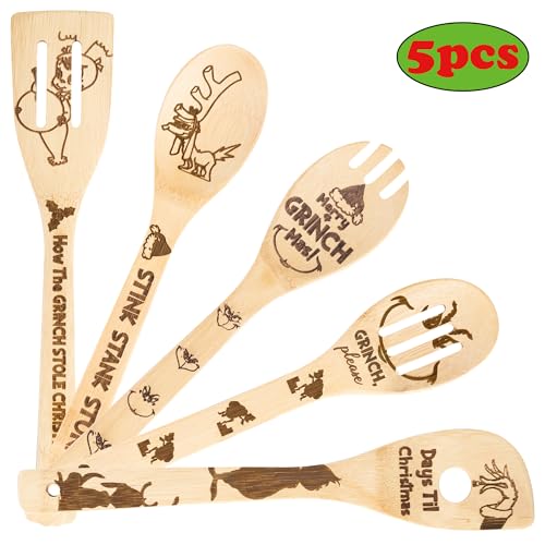 Christmas Monster Bamboo Spoons - 5 Christmas Themed Funny Kitchen Utensils Decor for Cooking&Serving Set, Cooking Engraved Patterns are Suitable for Kitchen, Great Xmas Housewarming Gifts