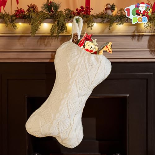 JOYIN 17'' Christmas Dog Stocking, Knit White Bone Shape Stockings, Large Puppy Hanging Xmas Accessories for Dogs Pets Christmas Decoration Party Decor