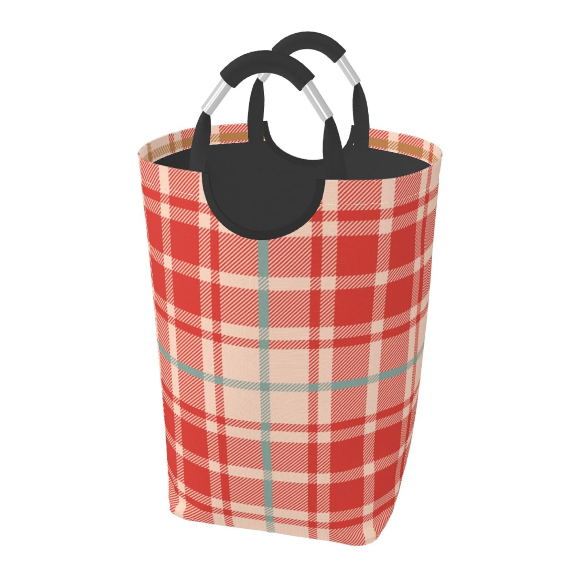 TEQUAN 50L Large Rectangular Laundry Hamper with Aluminum Handles, Beige Red Checkered Plaid Prints Waterproof Foldable Dirty Clothes Basket