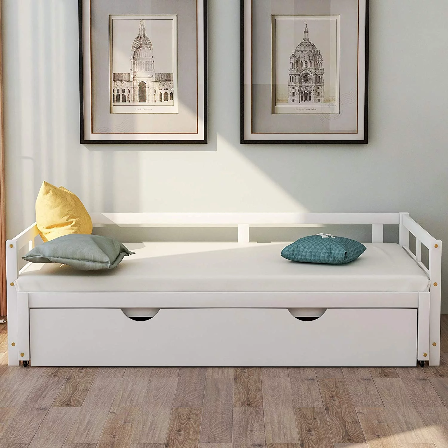 Extedable Daybed With Trudle Bed, Wood Daybed Frame With Pull Out Trudle, To Kig Desig Extedig Daybed For Kids Girls Boys Tees Adults, o Box Sprig Required, White