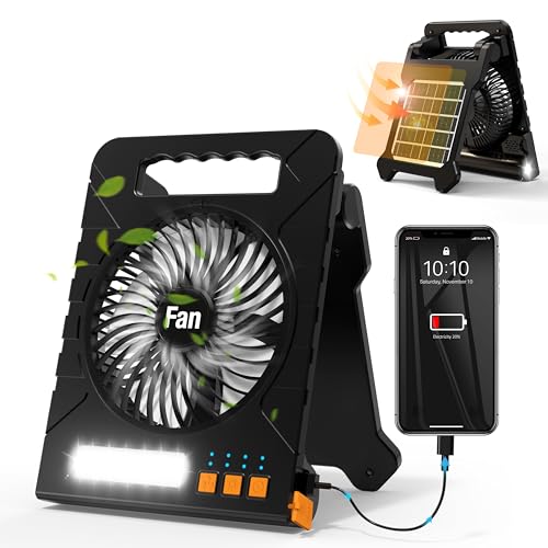 Solar Powered Fan for Camping, 4000mAh Portable Table Fan with LED Lantern, Flashlight, Battery Operated, 4 Speeds Powerful Wind and 4 Timers, for Workbench, Picnic, Hurricane, Fishing