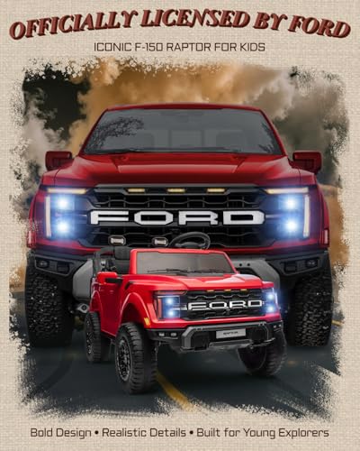 First Ride On 24V Kids Ride On Truck, Licensed Ford F-150 Raptor 2 Seater Electric Car w/Remote Control, Toddler Ride On Car Toys w/LED Lights, Bluetooth, Music, Truck Bed Storage, Soft Start (White)