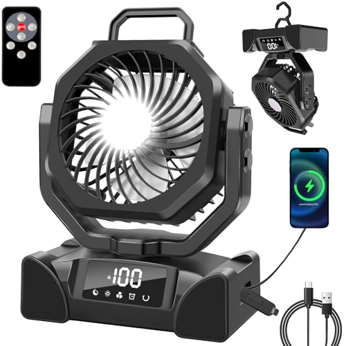 Portable Camping Fan Battery Operated Powered Fan with Remote Control & LED Lantern,20000mAh Battery Rechargeable,LED Digital Display,Oscillate,Timer,Rotation Hanging Hook for Tents Travel - Orange